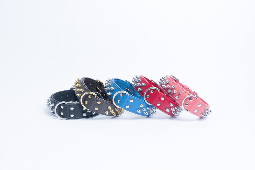 Glamorous Pups : Amsterdam Multi-Line Spiked Leather Dog Collar – Luxury Genuine Leather Power Collar with Stainless Steel Hardware
