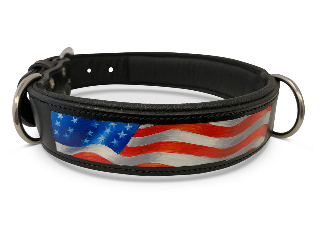 Glamorous Pups : Stars & Stripes Hand-Painted Leather Dog Collar – Patriotic Top Grain Leather Collar with Padded Comfort & Stainless Steel Hardware