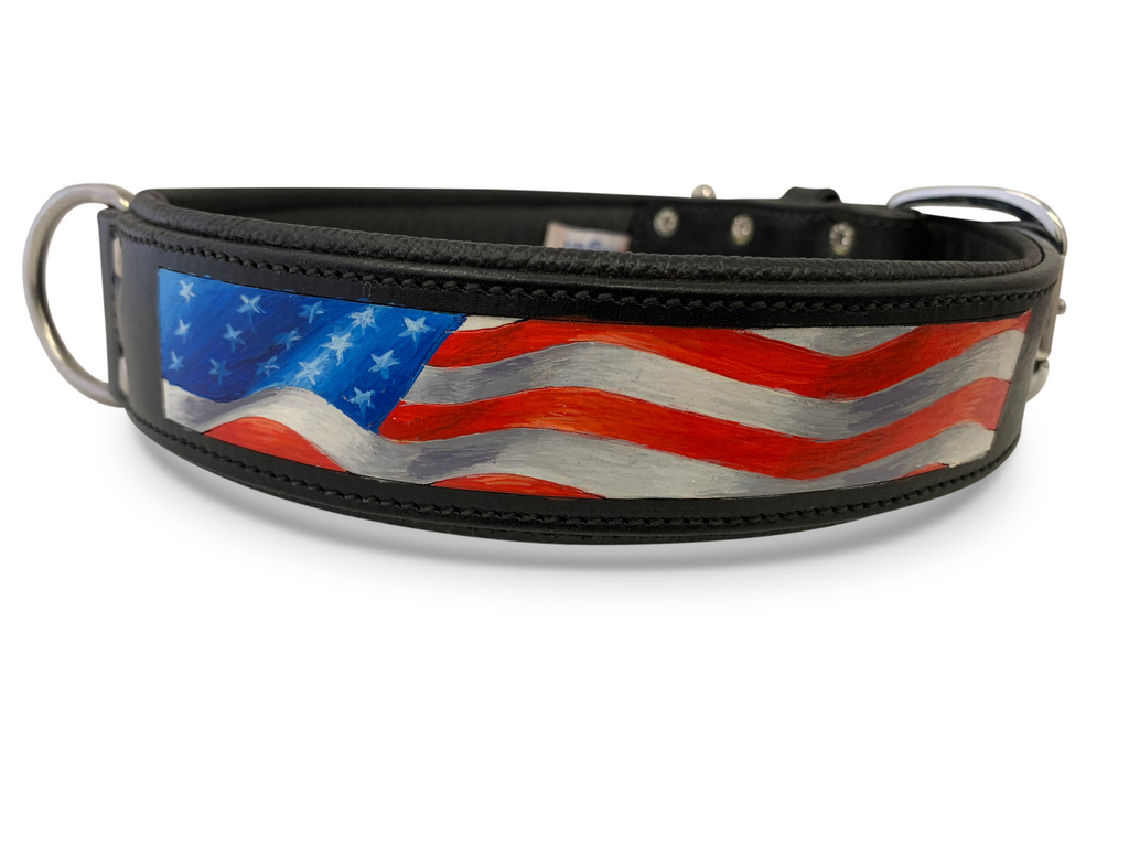 Glamorous Pups : Stars & Stripes Hand-Painted Leather Dog Collar – Patriotic Top Grain Leather Collar with Padded Comfort & Stainless Steel Hardware