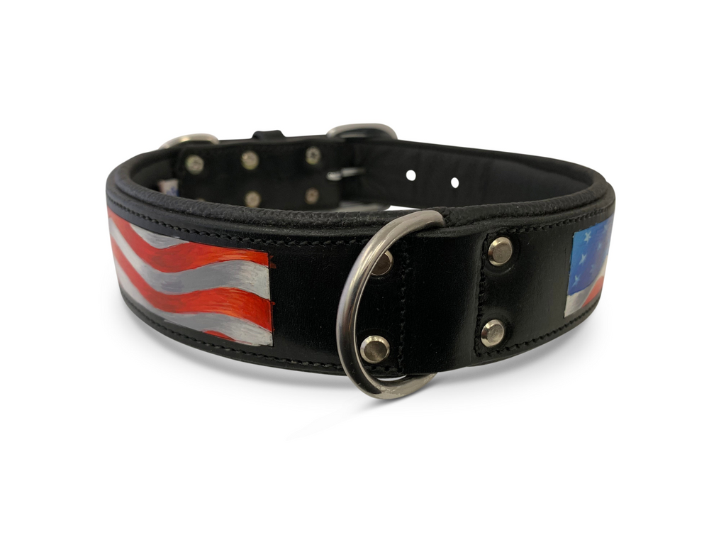 Glamorous Pups : Stars & Stripes Hand-Painted Leather Dog Collar – Patriotic Top Grain Leather Collar with Padded Comfort & Stainless Steel Hardware