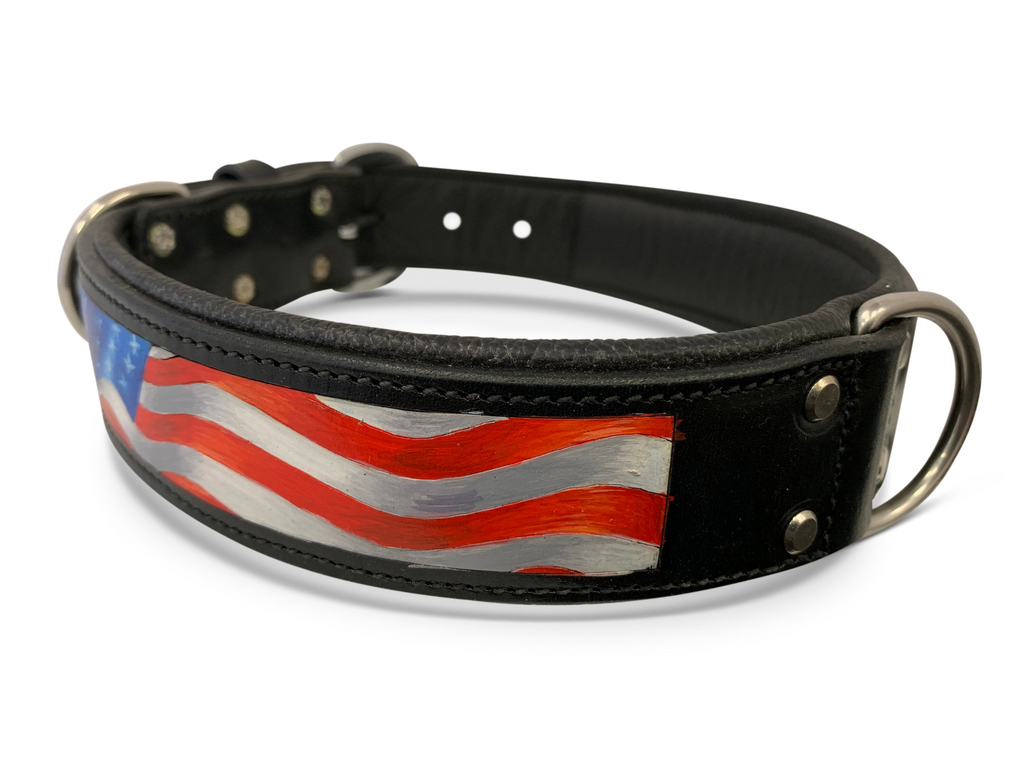 Glamorous Pups : Stars & Stripes Hand-Painted Leather Dog Collar – Patriotic Top Grain Leather Collar with Padded Comfort & Stainless Steel Hardware