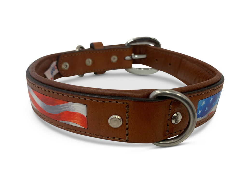 Glamorous Pups : Stars & Stripes Hand-Painted Leather Dog Collar – Patriotic Top Grain Leather Collar with Padded Comfort & Stainless Steel Hardware