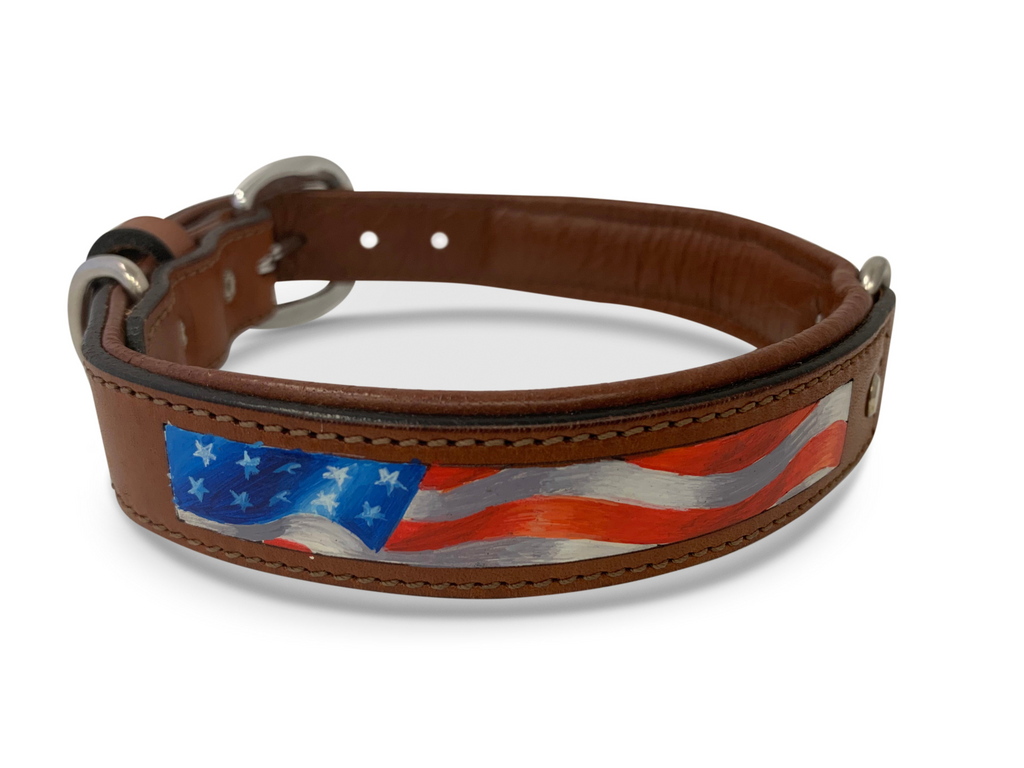 Glamorous Pups : Stars & Stripes Hand-Painted Leather Dog Collar – Patriotic Top Grain Leather Collar with Padded Comfort & Stainless Steel Hardware