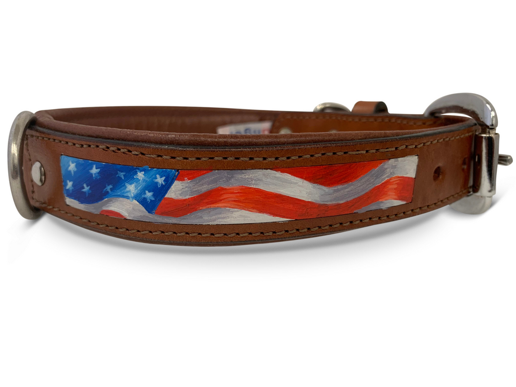 Glamorous Pups : Stars & Stripes Hand-Painted Leather Dog Collar – Patriotic Top Grain Leather Collar with Padded Comfort & Stainless Steel Hardware