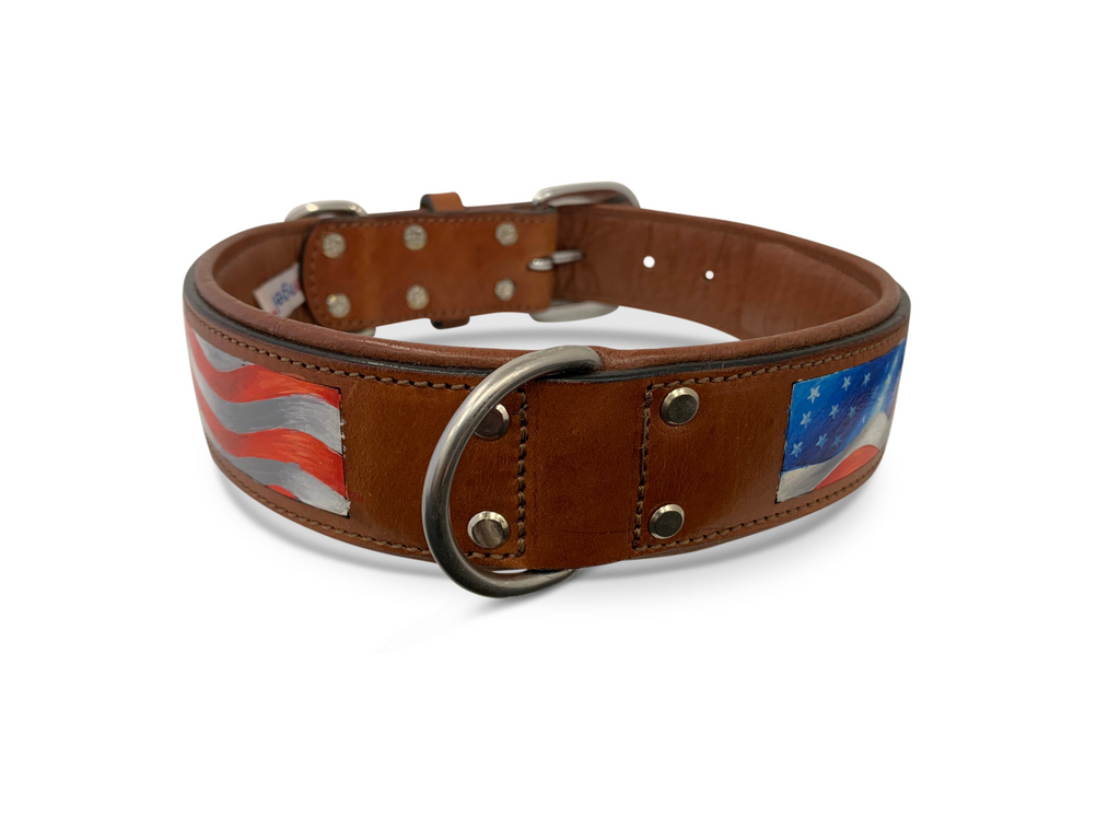 Glamorous Pups : Stars & Stripes Hand-Painted Leather Dog Collar – Patriotic Top Grain Leather Collar with Padded Comfort & Stainless Steel Hardware
