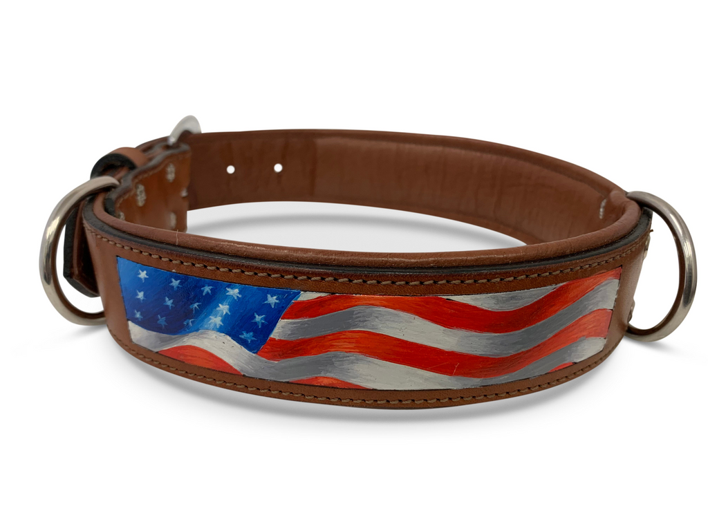 Glamorous Pups : Stars & Stripes Hand-Painted Leather Dog Collar – Patriotic Top Grain Leather Collar with Padded Comfort & Stainless Steel Hardware