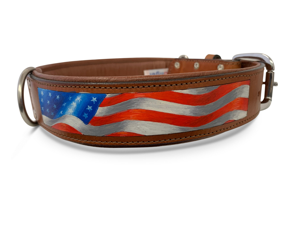 Glamorous Pups : Stars & Stripes Hand-Painted Leather Dog Collar – Patriotic Top Grain Leather Collar with Padded Comfort & Stainless Steel Hardware