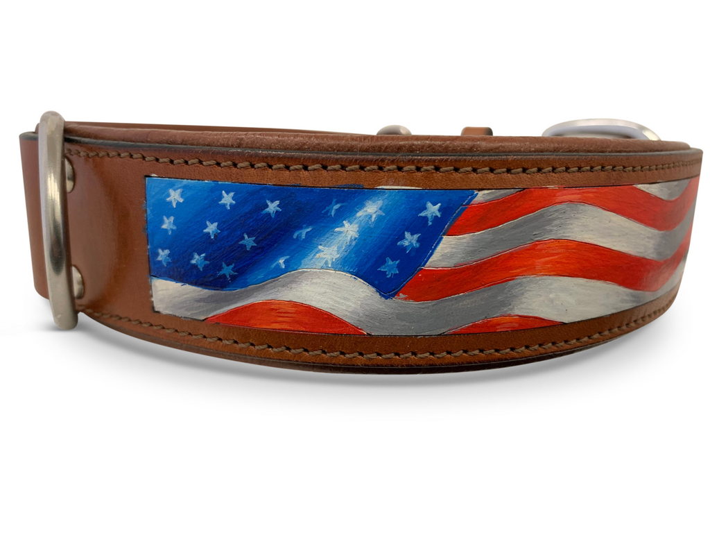 Glamorous Pups : Stars & Stripes Hand-Painted Leather Dog Collar – Patriotic Top Grain Leather Collar with Padded Comfort & Stainless Steel Hardware