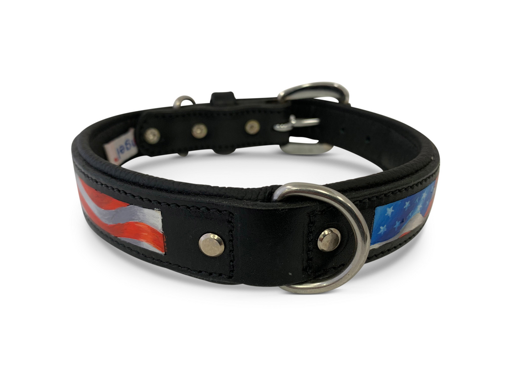 Glamorous Pups : Stars & Stripes Hand-Painted Leather Dog Collar – Patriotic Top Grain Leather Collar with Padded Comfort & Stainless Steel Hardware