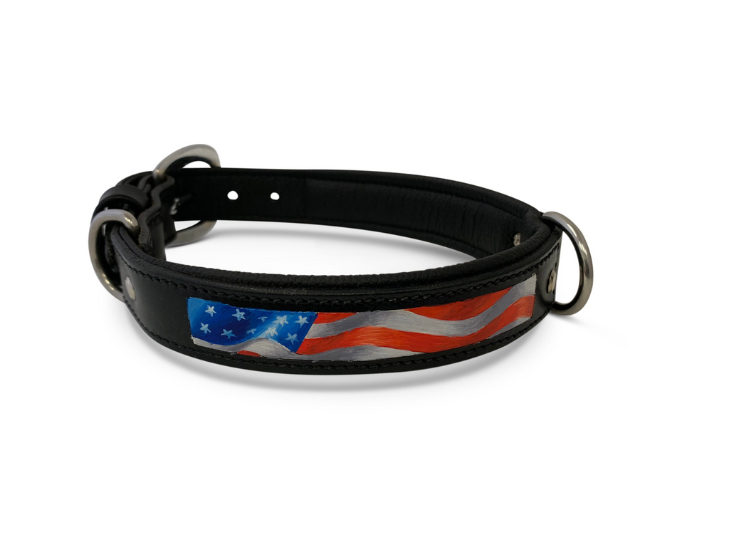 Glamorous Pups : Stars & Stripes Hand-Painted Leather Dog Collar – Patriotic Top Grain Leather Collar with Padded Comfort & Stainless Steel Hardware