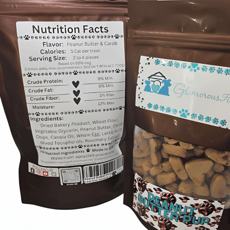 Close-up of the Nutrition Facts label on Peanut Butter Pup Dog Treats by Glamorous Pups, showcasing key details such as calories, serving size, and a comprehensive list of natural ingredients. The packaging, featuring the Glamorous Pups logo, emphasizes the treat's quality and appeal to pet owners seeking nutritious options for their dogs.