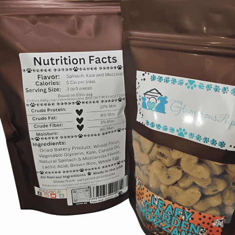 Nutrition facts label for Leafy Garden MozzaMix Dog Treats by Glamorous Pups, highlighting their blend of spinach, kale, and mozzarella flavors. The packaging details essential nutrient information like calories, protein, fat, and fiber, emphasizing all-natural ingredients made in the USA, available exclusively from Glamorous Pups.