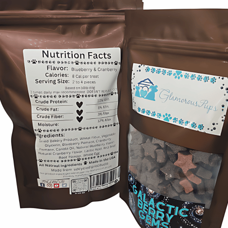 Back view of Galactic Berry Gems Dog Treats by Glamorous Pups packaging, highlighting nutritional facts and ingredients. These treats combine flavors of blueberry and cranberry, perfect for a nutritious snack that supports your dog's health and well-being.