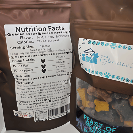 Nutritional information for Feast of Beasts Pup-Pleaser Dog Treats by Glamorous Pups. This label details a blend of beef, turkey, and chicken flavors, offering 21 calories per treat. The nutrition facts highlight a minimum of 25% crude protein and 15% crude fat, emphasizing the high-quality, all-natural ingredients used in these premium dog treats, made in the USA.