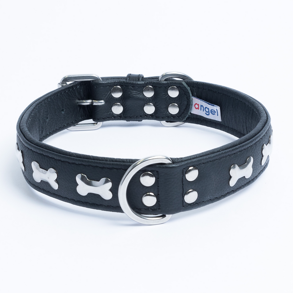 Glamorous Pups : Rotterdam Bones Leather Dog Collar – Classic Genuine Leather Collar with Metal Bone Accents & Center D-Ring for Style and Control