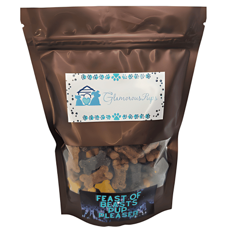 1lb bag of Feast of Beasts Pup-Pleaser Dog Treats by Glamorous Pups, showcasing a clear viewing window filled with multi-colored bone-shaped treats. This packaging is designed to attract pet owners looking for high-quality, flavorful treats that support their dog's dietary needs.