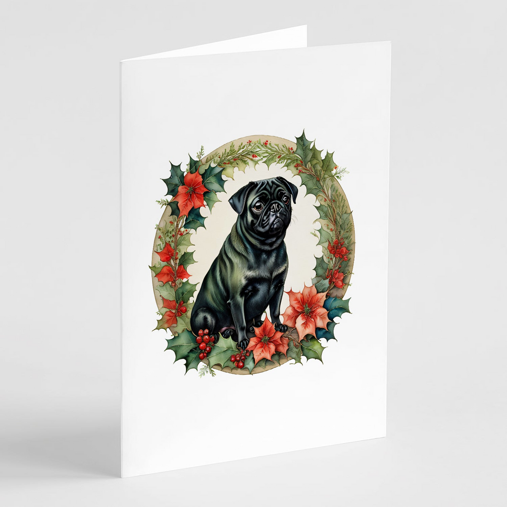Glamorous Pups : Pug Christmas Flowers Greeting Cards Pack of 8