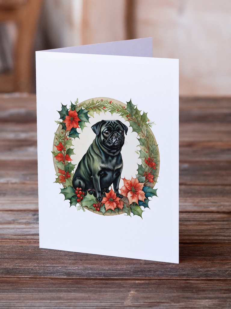 Glamorous Pups : Pug Christmas Flowers Greeting Cards Pack of 8