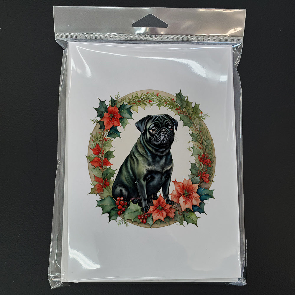 Glamorous Pups : Pug Christmas Flowers Greeting Cards Pack of 8