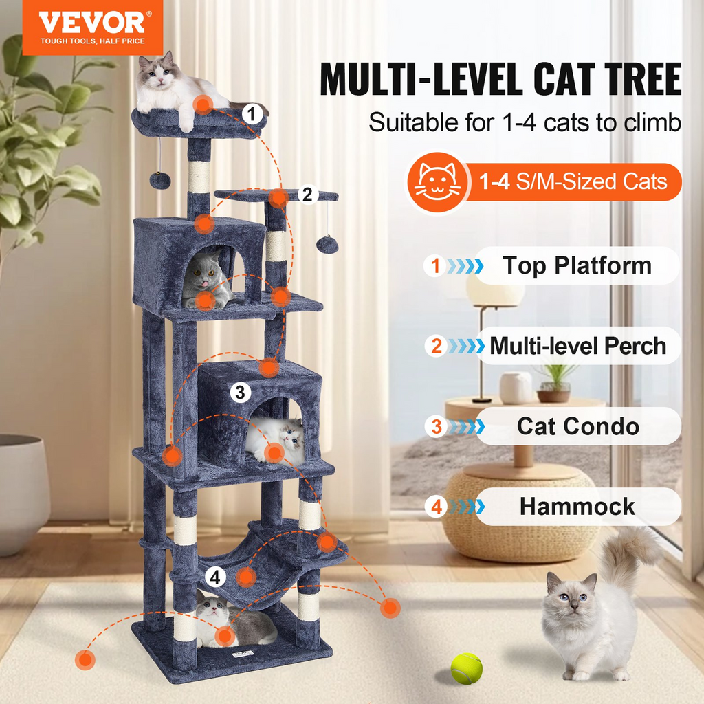 Glamorous Pups : VEVOR 63” Cat Tree Tower | Multi-Level Indoor Cat Furniture with 2 Condos, Sisal Scratching Posts, Hammock & Perches – Dark Blue