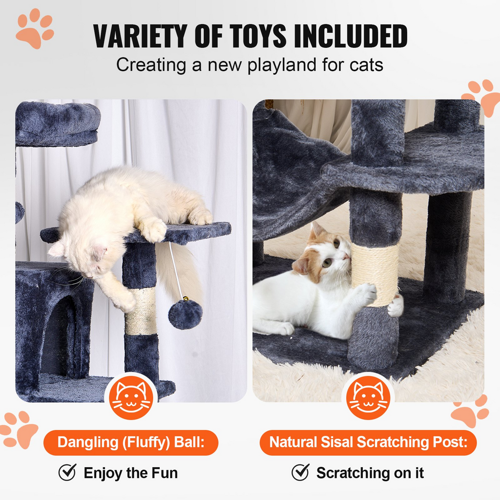 Glamorous Pups : VEVOR 63” Cat Tree Tower | Multi-Level Indoor Cat Furniture with 2 Condos, Sisal Scratching Posts, Hammock & Perches – Dark Blue