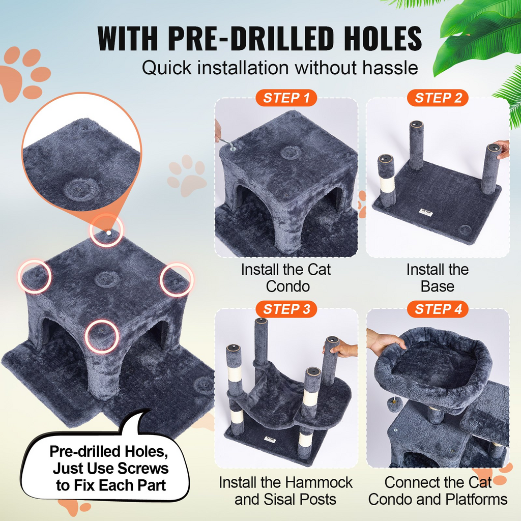 Glamorous Pups : VEVOR 63” Cat Tree Tower | Multi-Level Indoor Cat Furniture with 2 Condos, Sisal Scratching Posts, Hammock & Perches – Dark Blue