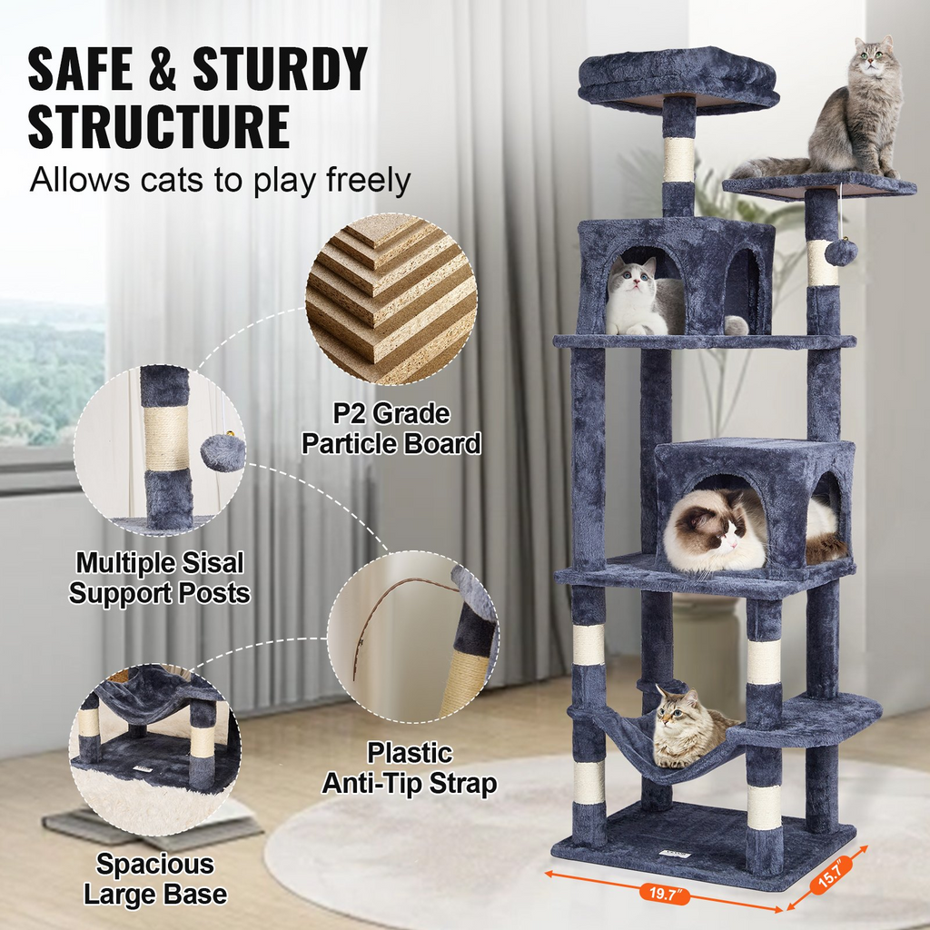 Glamorous Pups : VEVOR 63” Cat Tree Tower | Multi-Level Indoor Cat Furniture with 2 Condos, Sisal Scratching Posts, Hammock & Perches – Dark Blue