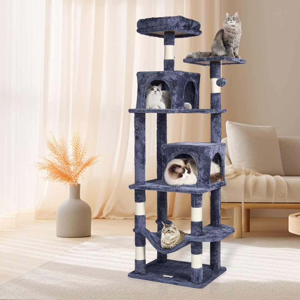Glamorous Pups : VEVOR 63” Cat Tree Tower | Multi-Level Indoor Cat Furniture with 2 Condos, Sisal Scratching Posts, Hammock & Perches – Dark Blue