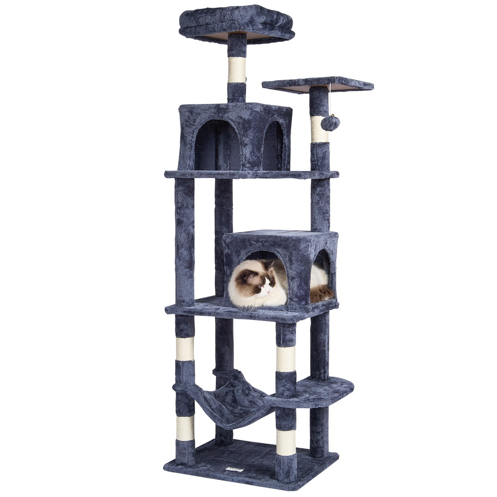 Glamorous Pups : VEVOR 63” Cat Tree Tower | Multi-Level Indoor Cat Furniture with 2 Condos, Sisal Scratching Posts, Hammock & Perches – Dark Blue
