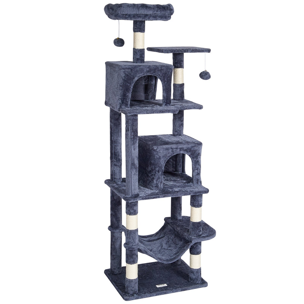 Glamorous Pups : VEVOR 63” Cat Tree Tower | Multi-Level Indoor Cat Furniture with 2 Condos, Sisal Scratching Posts, Hammock & Perches – Dark Blue