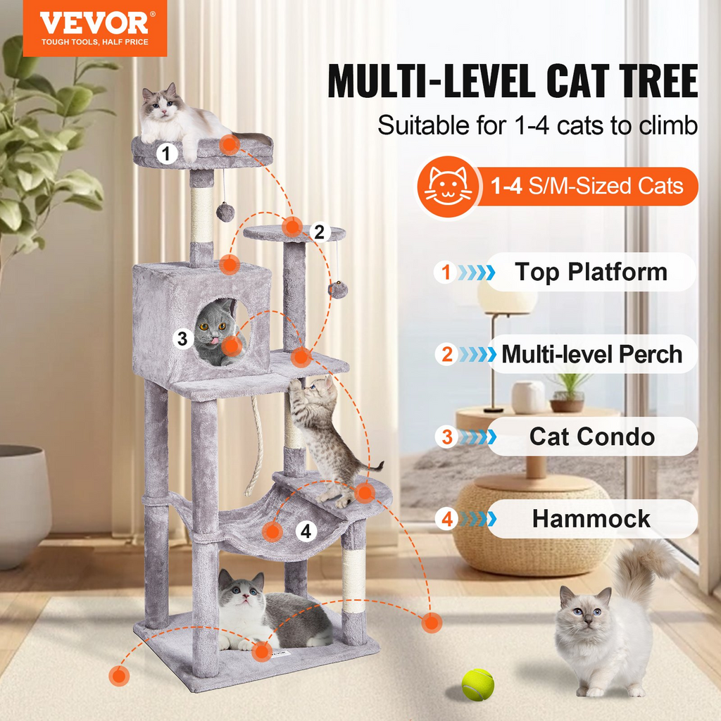 Glamorous Pups : VEVOR 56.2” Cat Tree Tower | Multi-Level Indoor Cat Furniture with Condo, Hammock, Top Perch & Sisal Scratching Posts – Light Grey
