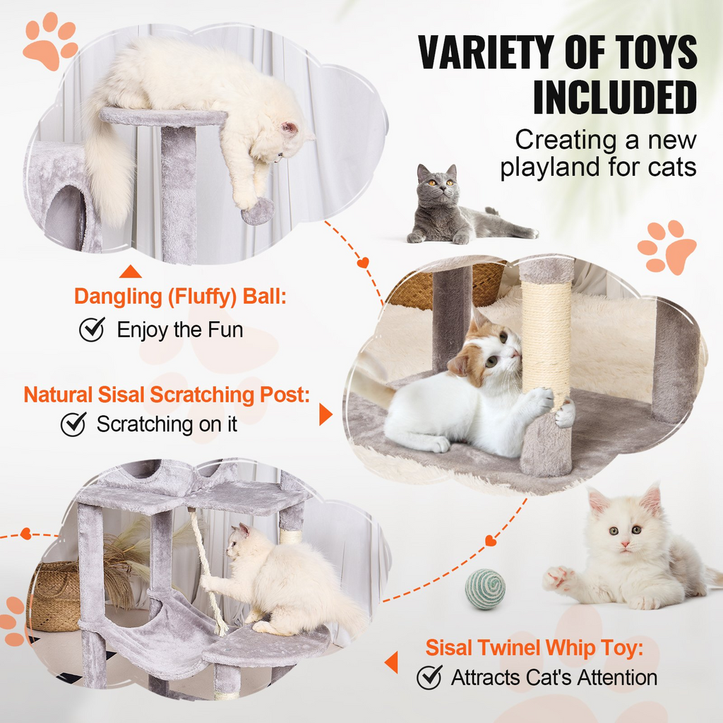 Glamorous Pups : VEVOR 56.2” Cat Tree Tower | Multi-Level Indoor Cat Furniture with Condo, Hammock, Top Perch & Sisal Scratching Posts – Light Grey