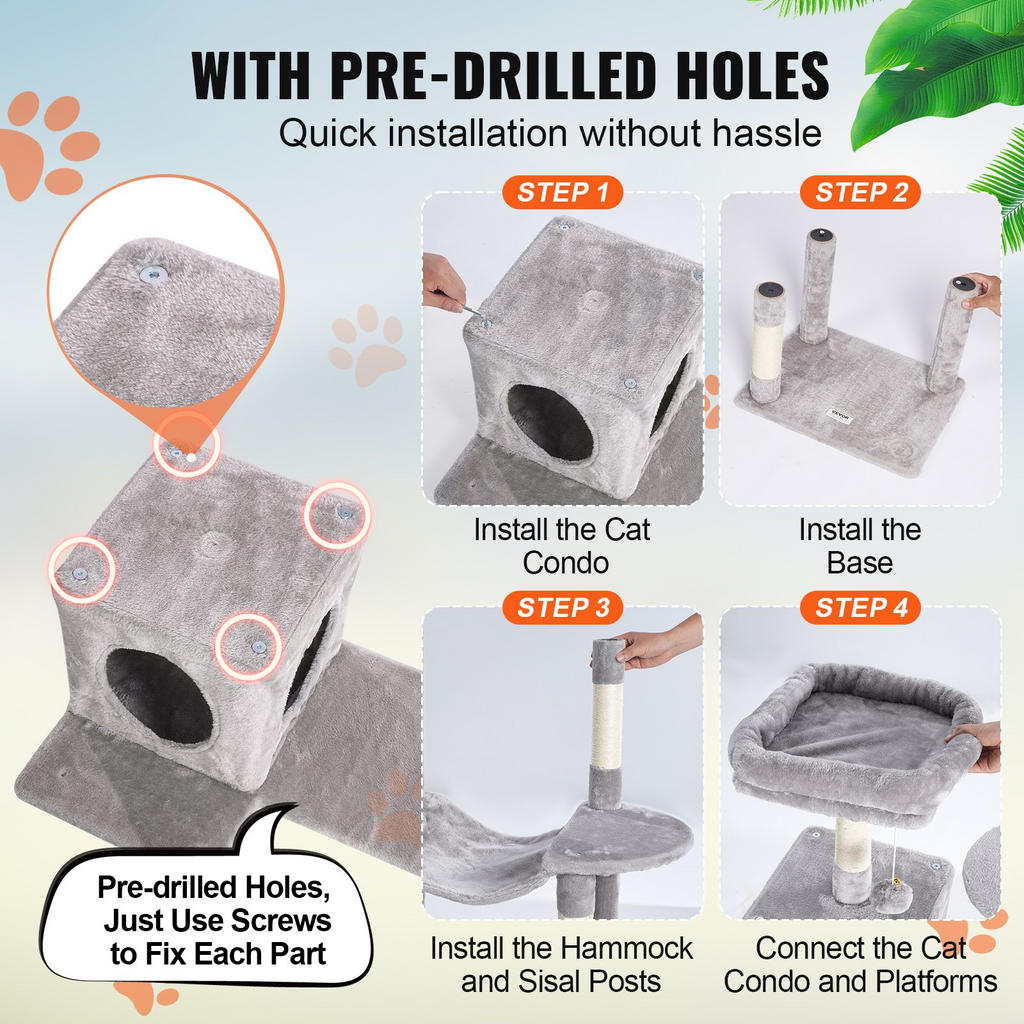 Glamorous Pups : VEVOR 56.2” Cat Tree Tower | Multi-Level Indoor Cat Furniture with Condo, Hammock, Top Perch & Sisal Scratching Posts – Light Grey