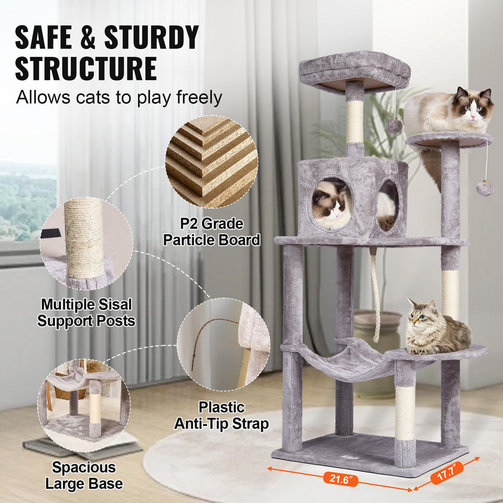 Glamorous Pups : VEVOR 56.2” Cat Tree Tower | Multi-Level Indoor Cat Furniture with Condo, Hammock, Top Perch & Sisal Scratching Posts – Light Grey