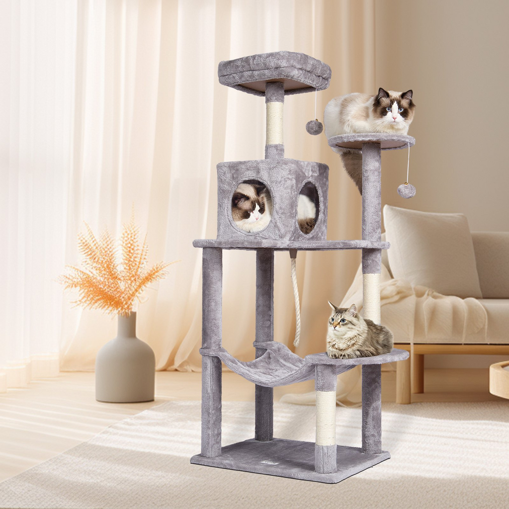 Glamorous Pups : VEVOR 56.2” Cat Tree Tower | Multi-Level Indoor Cat Furniture with Condo, Hammock, Top Perch & Sisal Scratching Posts – Light Grey
