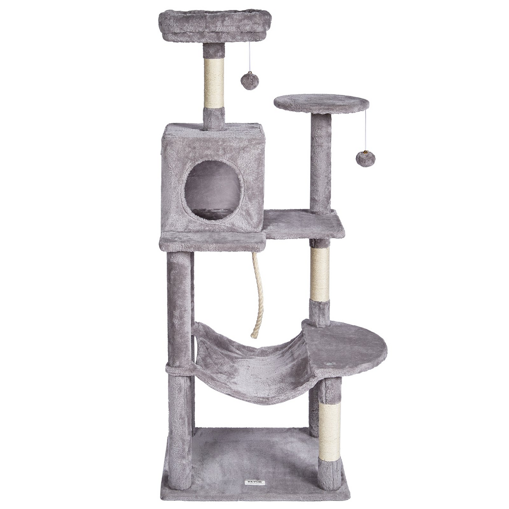 Glamorous Pups : VEVOR 56.2” Cat Tree Tower | Multi-Level Indoor Cat Furniture with Condo, Hammock, Top Perch & Sisal Scratching Posts – Light Grey