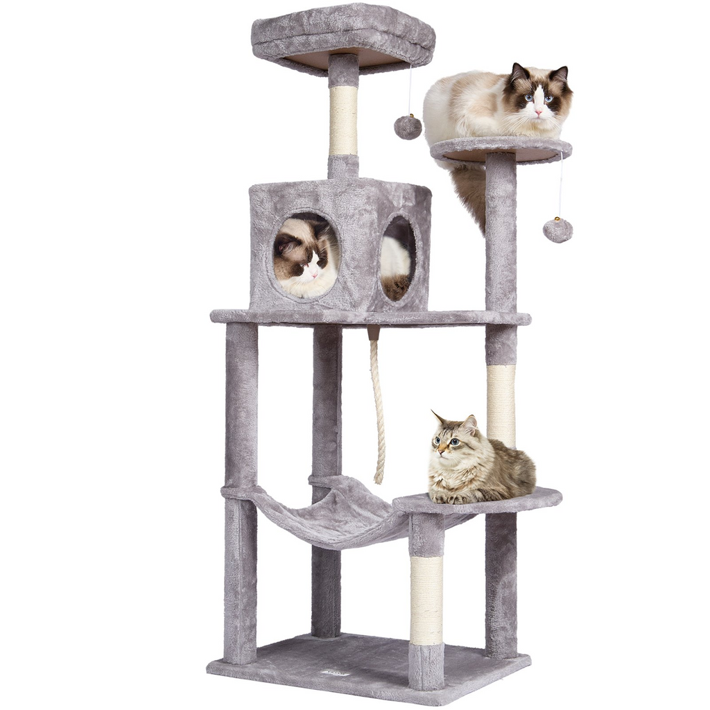 Glamorous Pups : VEVOR 56.2” Cat Tree Tower | Multi-Level Indoor Cat Furniture with Condo, Hammock, Top Perch & Sisal Scratching Posts – Light Grey