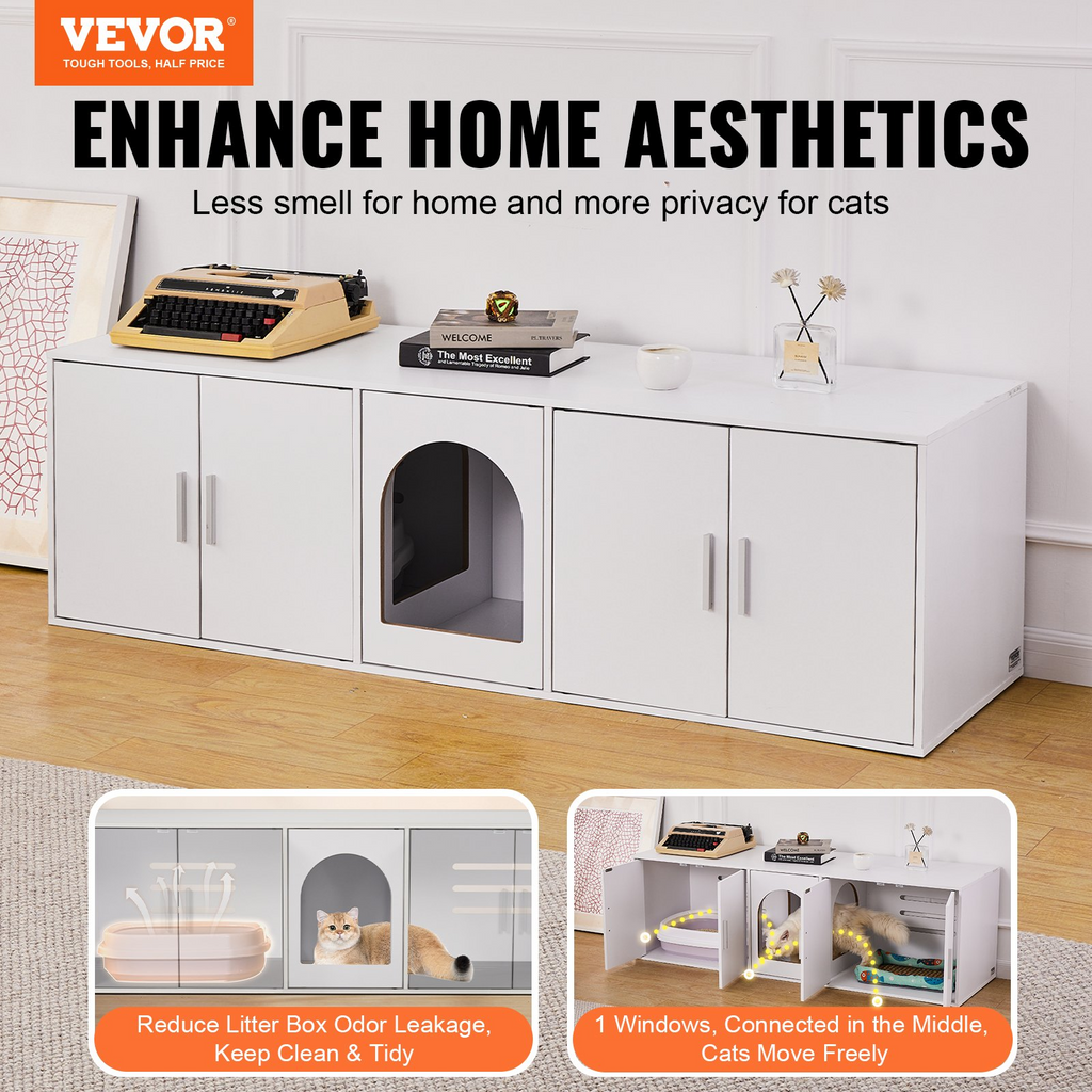 Glamorous Pups : VEVOR Cat Litter Box Enclosure – 57.9" Wooden Hidden Litter Box Furniture with Double Compartments | Modern Cat Washroom Cabinet & Pet House End Table (White)