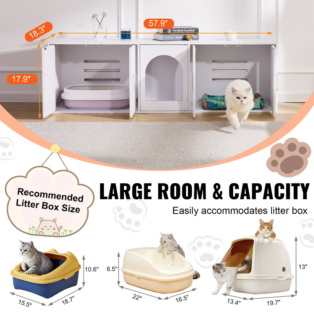 Glamorous Pups : VEVOR Cat Litter Box Enclosure – 57.9" Wooden Hidden Litter Box Furniture with Double Compartments | Modern Cat Washroom Cabinet & Pet House End Table (White)