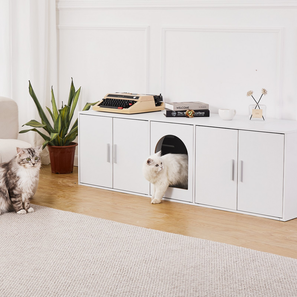 Glamorous Pups : VEVOR Cat Litter Box Enclosure – 57.9" Wooden Hidden Litter Box Furniture with Double Compartments | Modern Cat Washroom Cabinet & Pet House End Table (White)