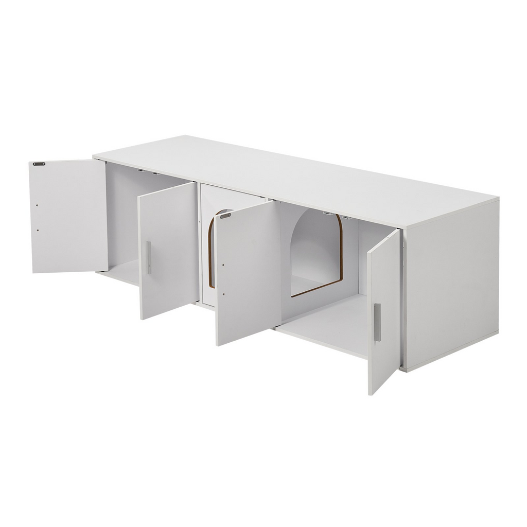 Glamorous Pups : VEVOR Cat Litter Box Enclosure – 57.9" Wooden Hidden Litter Box Furniture with Double Compartments | Modern Cat Washroom Cabinet & Pet House End Table (White)