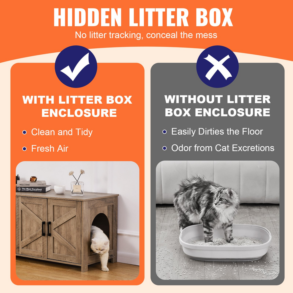 Glamorous Pups : VEVOR Cat Litter Box Enclosure for 2 Cats – 47.2" Double-Room Wooden Litter Box Furniture Cabinet | Hidden Cat Washroom Bench with Dual Doors, Modern Home Design, Fits Most Litter Boxes (Greige)