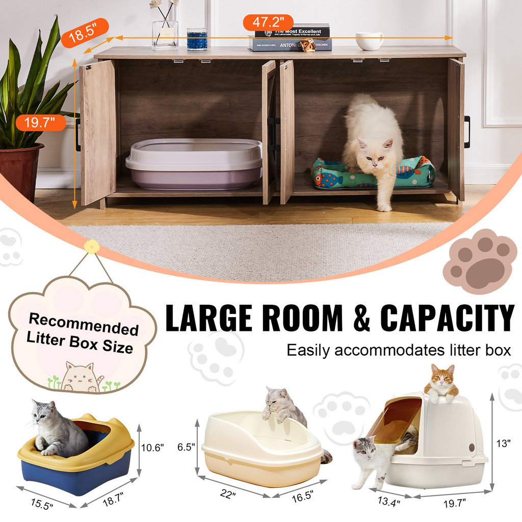Glamorous Pups : VEVOR Cat Litter Box Enclosure for 2 Cats – 47.2" Double-Room Wooden Litter Box Furniture Cabinet | Hidden Cat Washroom Bench with Dual Doors, Modern Home Design, Fits Most Litter Boxes (Greige)
