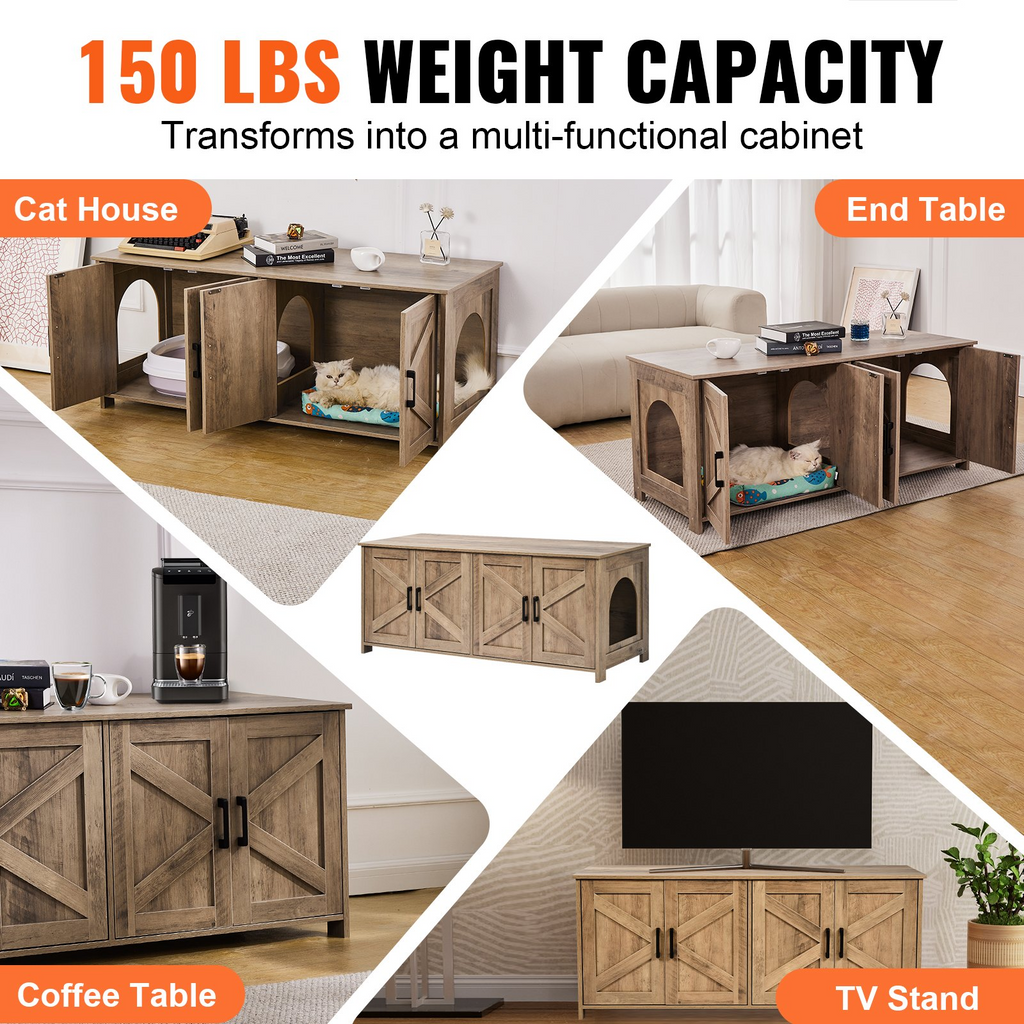 Glamorous Pups : VEVOR Cat Litter Box Enclosure for 2 Cats – 47.2" Double-Room Wooden Litter Box Furniture Cabinet | Hidden Cat Washroom Bench with Dual Doors, Modern Home Design, Fits Most Litter Boxes (Greige)