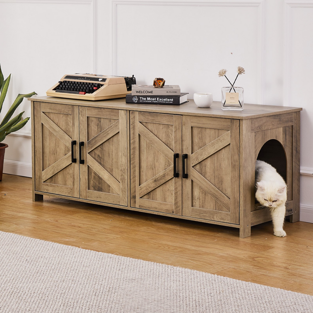 Glamorous Pups : VEVOR Cat Litter Box Enclosure for 2 Cats – 47.2" Double-Room Wooden Litter Box Furniture Cabinet | Hidden Cat Washroom Bench with Dual Doors, Modern Home Design, Fits Most Litter Boxes (Greige)