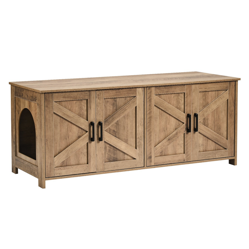 Glamorous Pups : VEVOR Cat Litter Box Enclosure for 2 Cats – 47.2" Double-Room Wooden Litter Box Furniture Cabinet | Hidden Cat Washroom Bench with Dual Doors, Modern Home Design, Fits Most Litter Boxes (Greige)