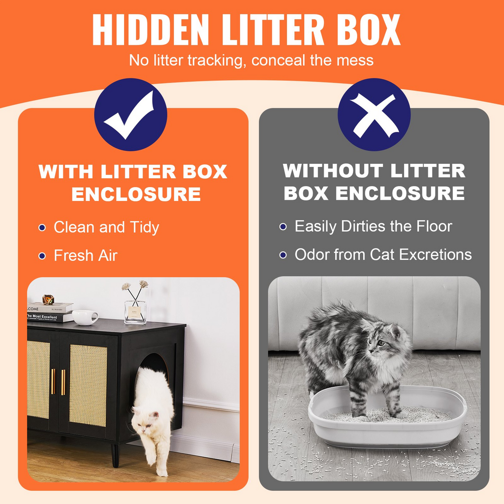 Glamorous Pups : VEVOR Cat Litter Box Enclosure – 47.2" Wooden Hidden Double-Room Litter Box Cabinet | Modern Cat Washroom Furniture with Dual Doors & Side Windows (Black)