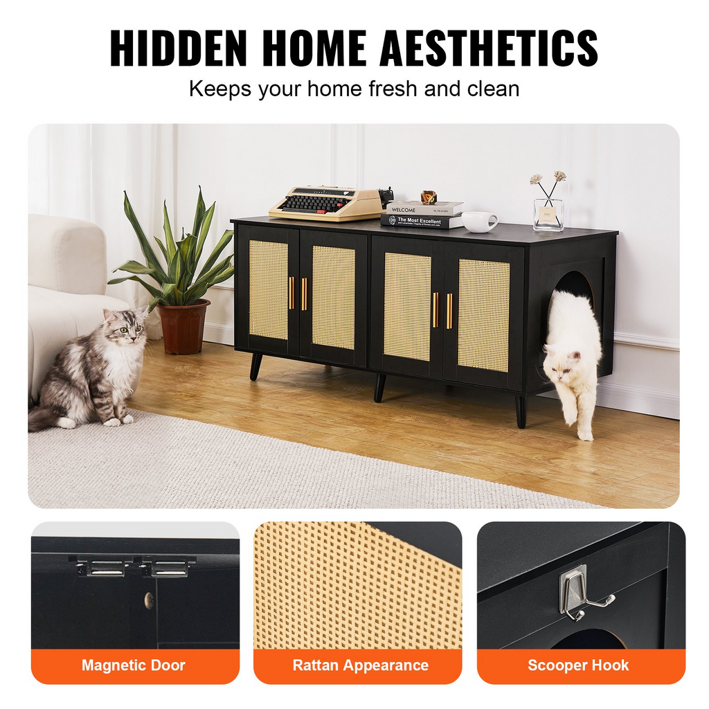 Glamorous Pups : VEVOR Cat Litter Box Enclosure – 47.2" Wooden Hidden Double-Room Litter Box Cabinet | Modern Cat Washroom Furniture with Dual Doors & Side Windows (Black)