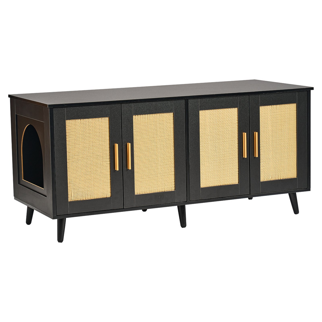 Glamorous Pups : VEVOR Cat Litter Box Enclosure – 47.2" Wooden Hidden Double-Room Litter Box Cabinet | Modern Cat Washroom Furniture with Dual Doors & Side Windows (Black)