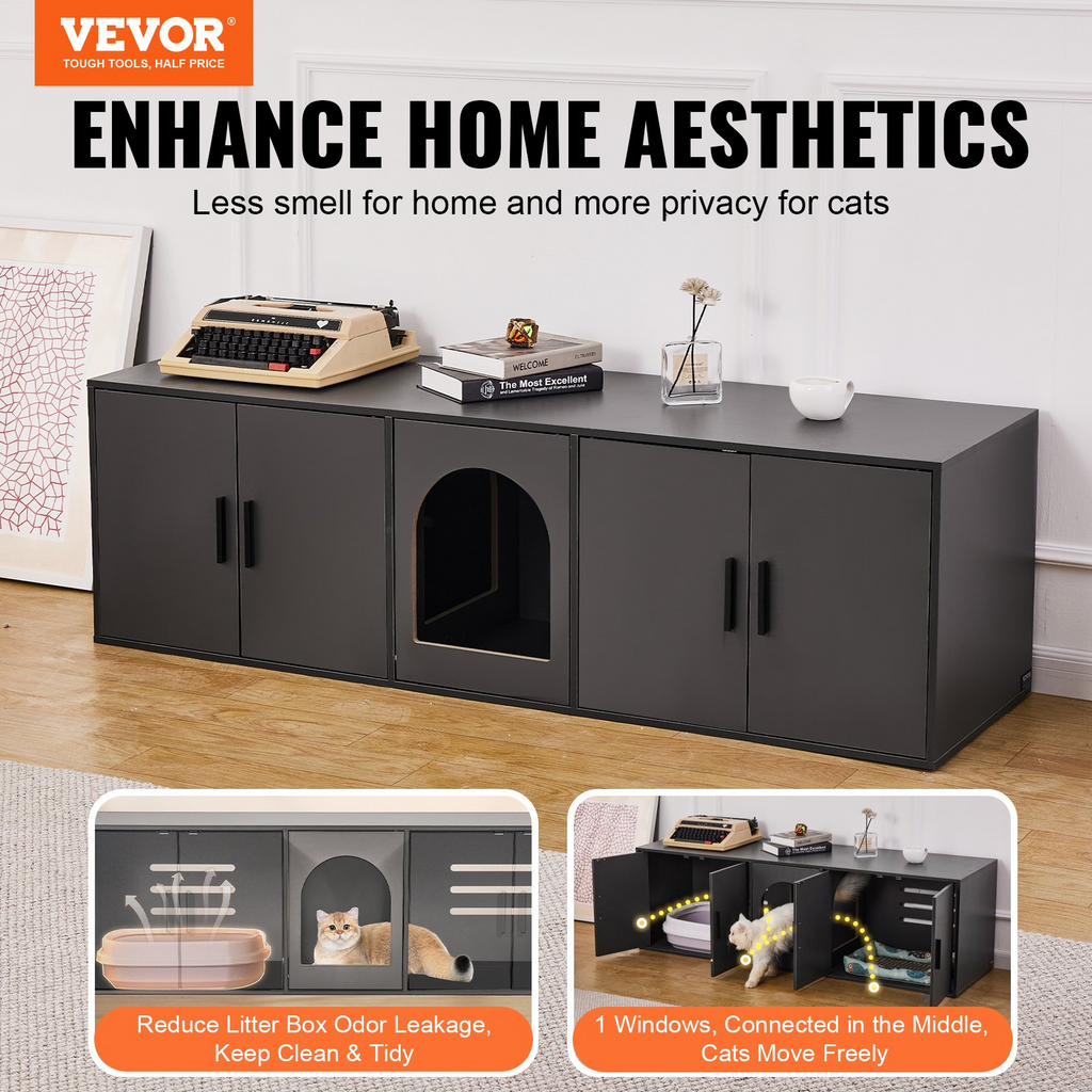 Glamorous Pups : VEVOR Cat Litter Box Enclosure for 2 Cats – 57.9" Double-Room Wooden Litter Box Furniture | Hidden Cat Washroom Cabinet, Modern TV Stand Style, Fits Most Litter Boxes (Black)